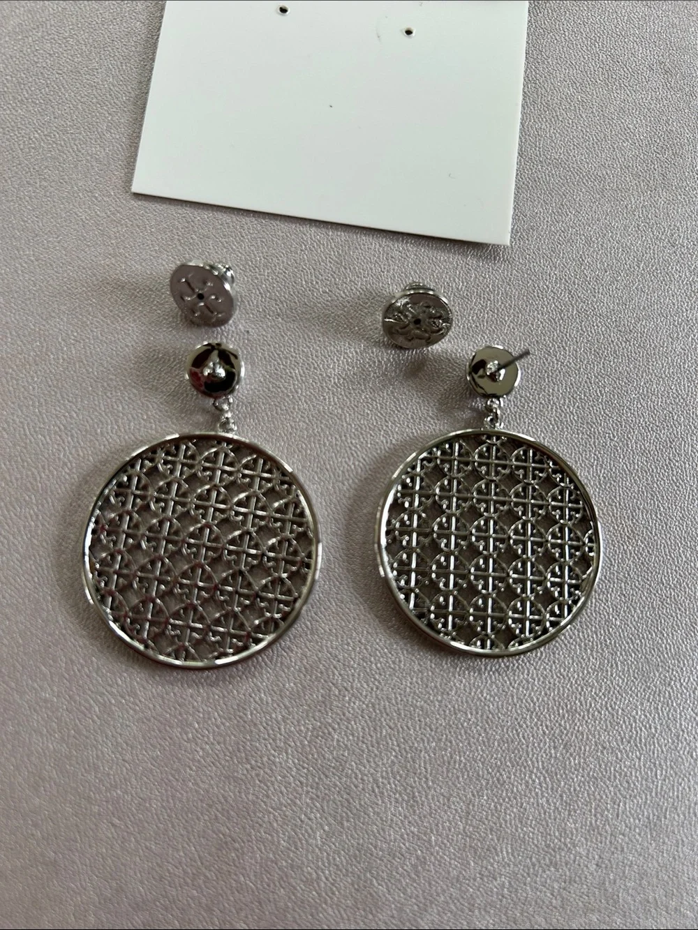 Tory Burch Polished Silver Round Filigree Drop Earrings